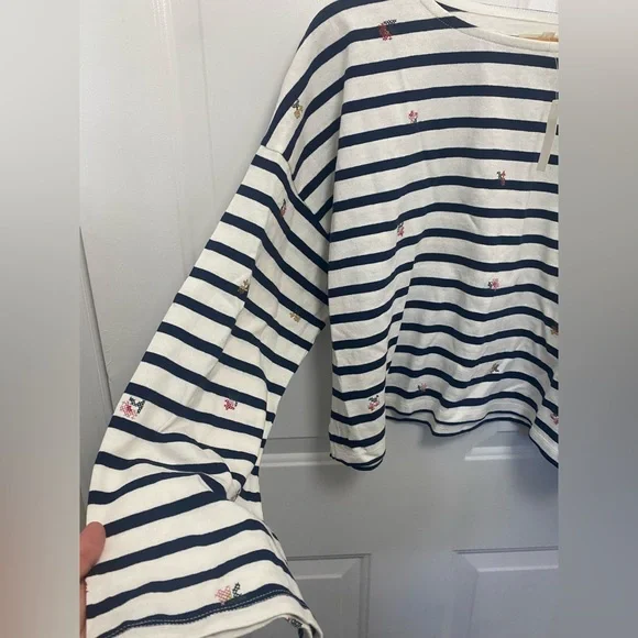 Madewell NWT Floral Embroidered Long Sleeve Crop Top Size XL Nautical Striped - Picture 6 of 9